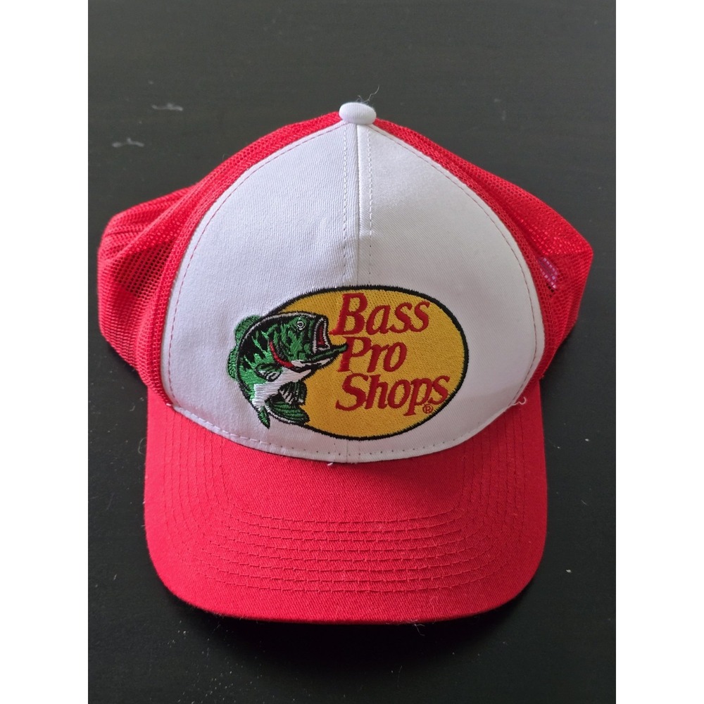 Bass Pro Shops Gone Fishing Logo Snapback Mesh Fishing Cap Trucker Hat RED WHITE
